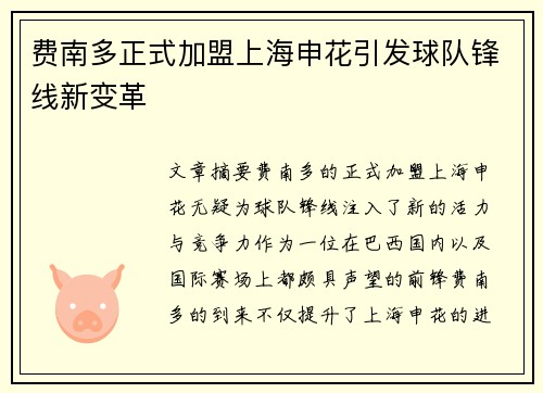 费南多正式加盟上海申花引发球队锋线新变革 费南多正式加盟上海申花引发球队锋线新变革